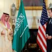 US Secretary of State Antony Blinken and Saudi Arabia's Foreign Minister Prince Faisal bin Farhan deliver remarks to reporters before meeting at the State Department in Washington, DC, October 14, 2021. (Photo by JONATHAN ERNST / POOL / AFP) (Photo by JONATHAN ERNST/POOL/AFP via Getty Images)