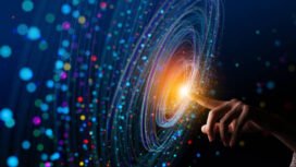 Big Data concept. Digital neural network.Business woman hand touching Introduction of artificial intelligence. Cyberspace of future.Science and innovation of technology.