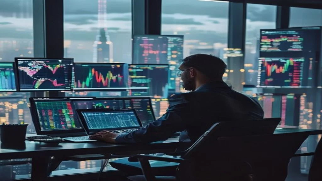Global stock exchange and financial markets data display on screens